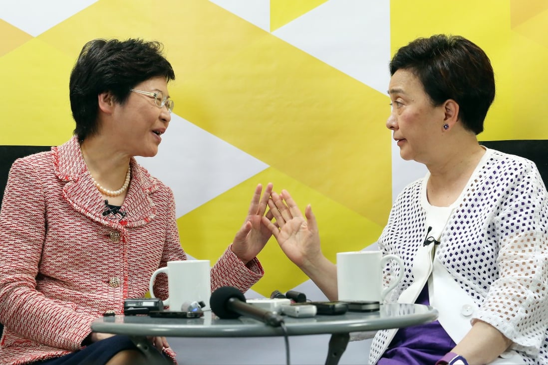 The televised debate on political reform hours after Chief Secretary Carrie Lam Cheng Yuet-ngor (L), the official in charge of electoral reform, told a Commercial Radio programme she felt all she had done in the last 20 months "might be in vain", as it was nearly certain the package would be rejected. Photo: Felix Wong