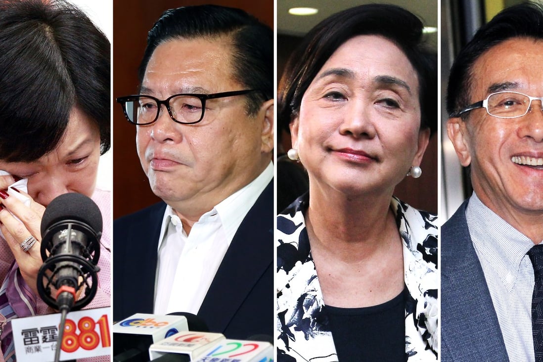 Tears and cheers: (From left) Regina Ip, Jeffrey Lam, Emily Lau and James Tien. Photos: SCMP