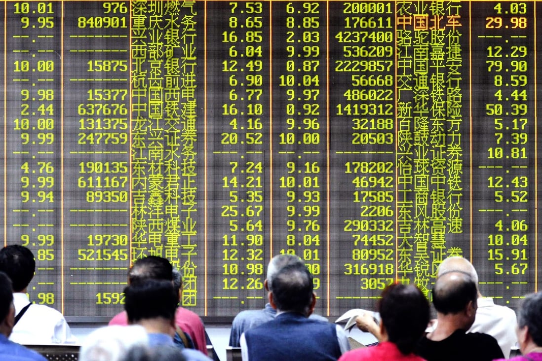 Investors sit in front of a screen showing market movements in a stock firm in Hangzhou. Photo: AFP