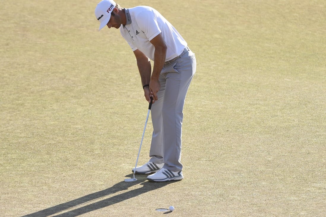 Dustin Johnson misses his birdie putt on the 18th green in the final round of the US Open at Chambers Bay. Jordan Spieth claimed victory. Photo: USA Today Sports