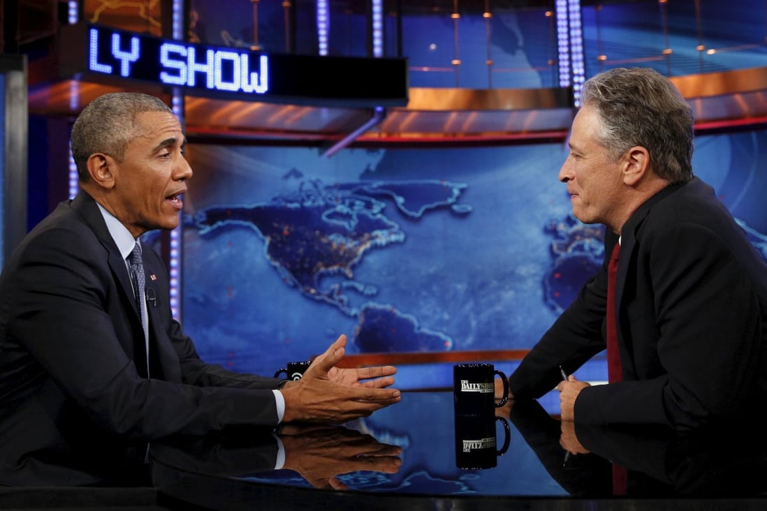 U.S. President Barack Obama speaks on his climate change initiatives among other goals for his remaining 18 months on The Daily Show, during Jon Stewart's last weeks on the show. Photo: Reuters