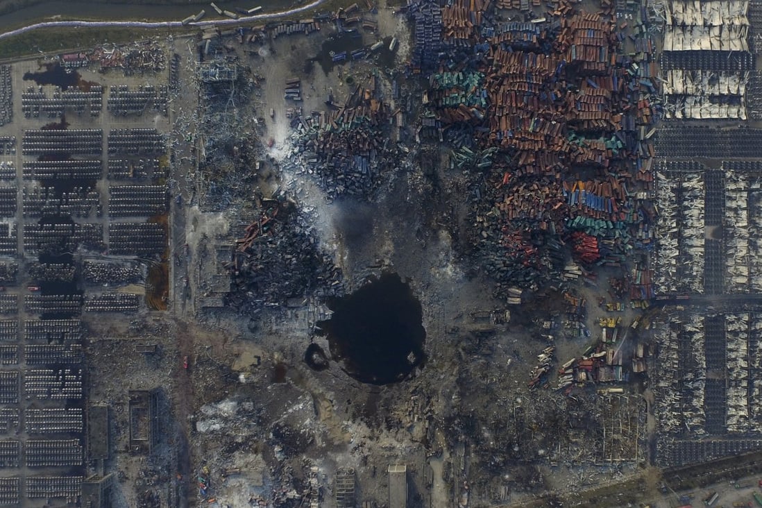 An aerial view of the site of last week's deadly blasts in the port area of Tianjin. Photo: Reuters