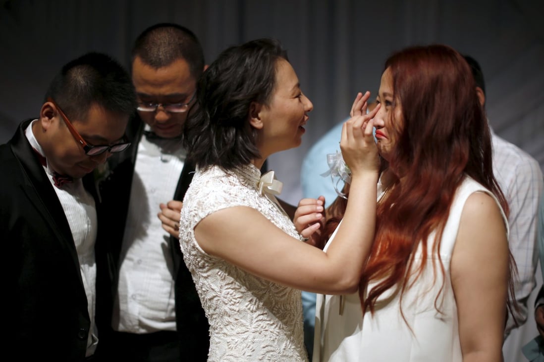 Couples celebrate after a group same-sex wedding for held in California. The gay Chinese couples were selected as winners of a contest hosted by internet giant Alibaba. Photo: Reuters