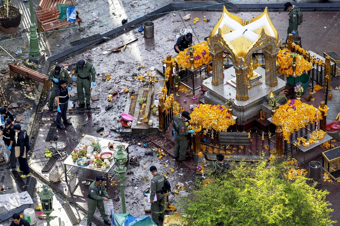 The attack took place at the Erwawan Shrine which is close to some of Bangkok’s most popular upscale shopping malls and a busy street at 6.30 pm. Photo: Reuters