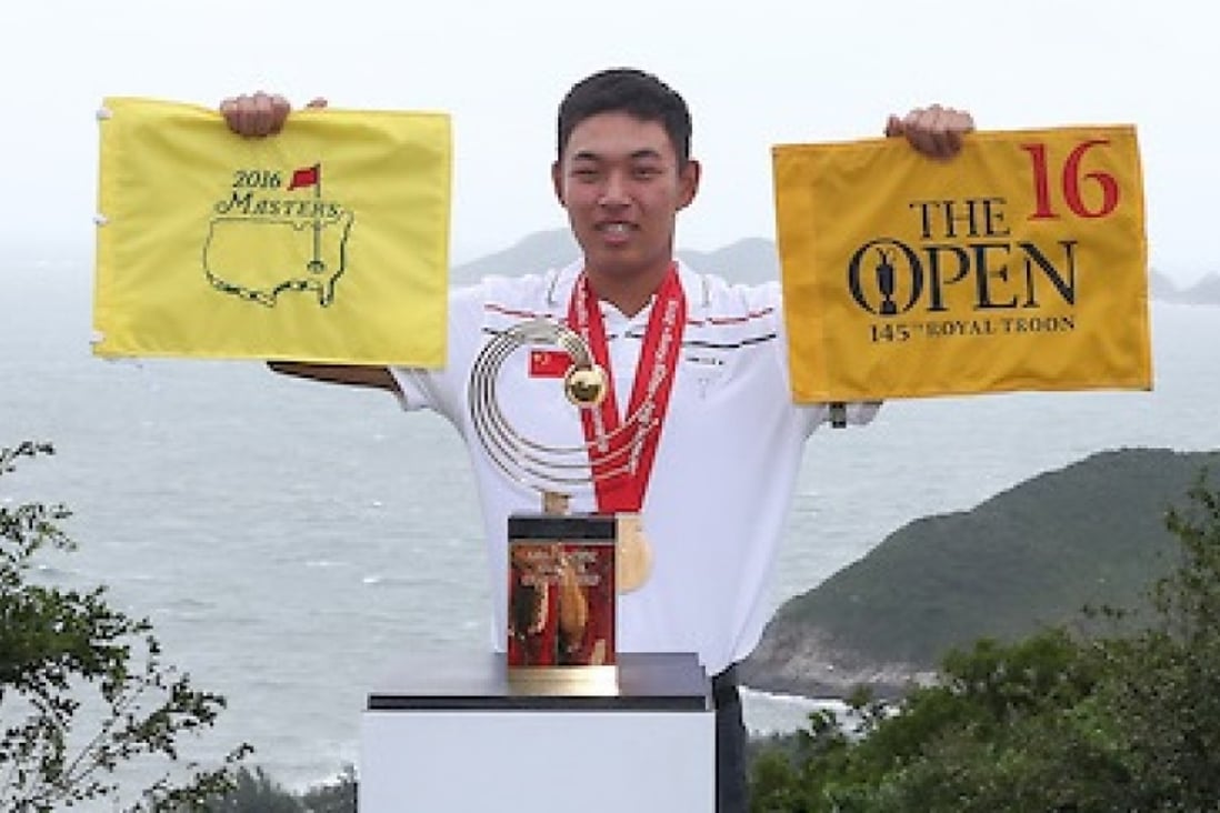 China's Jin Cheng poses with the trophy and the banners for the US Masters and British Open qualifiers. Photos: AAC 
