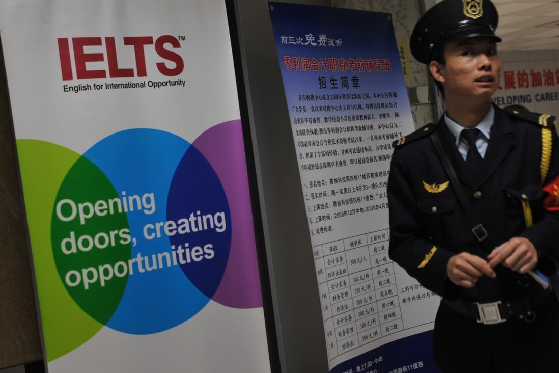 A security guard at an IELTS testing centre in Shenzhen. Photo: Sinopix