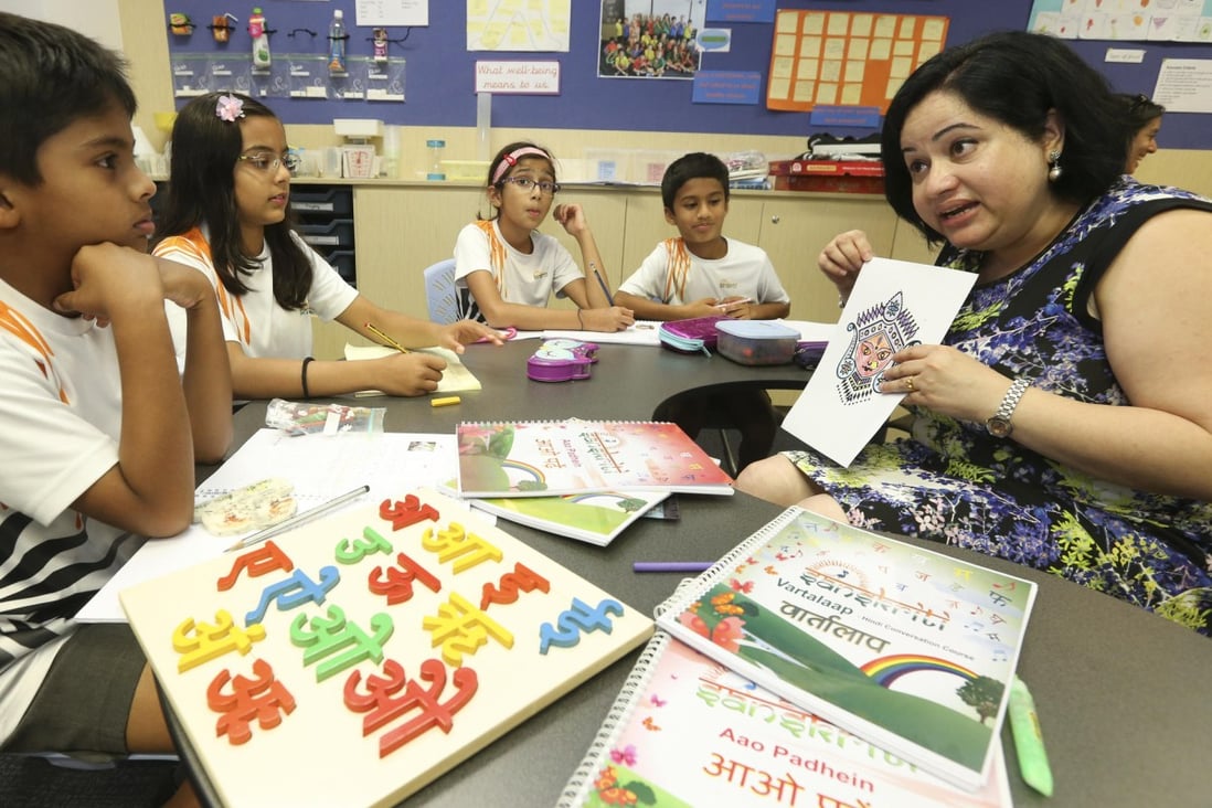 Geetanjali Dhar (right), managing director of Sanskriti, teaches a Hindi class at Glenealy School in Mid-Levels. Photo: David Wong