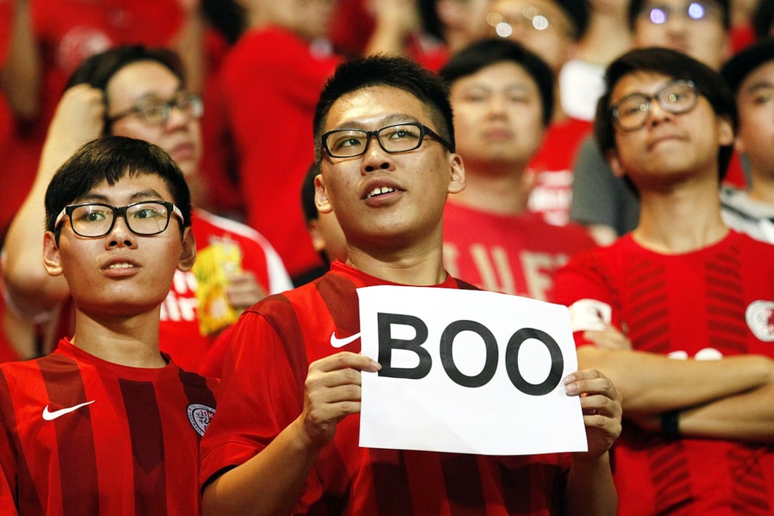 A Hong Kong fan 'voices' his displeasure ahead of the Hong Kong-China World Cup qualifier last week. Photo: AFP