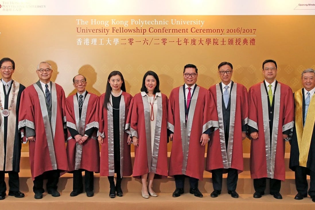 The seven distinguished recipients include Mr Alex Lui Chun-wan (2nd from the left), Professor Wucius Wong, Ms Irene Chow Man-ling, Mrs Yvonne Law Shing Mo-han, Dr Allen Shi Lop-tak, Mr Chao Chen-kuo and Mr Alex Wong Siu-wah. Conferment ceremony was presided over by Mr Chan Tze-ching (right), Chairman of the University Council. The recipients were warmly greeted by PolyU President, Professor Timothy W. Tong (left).