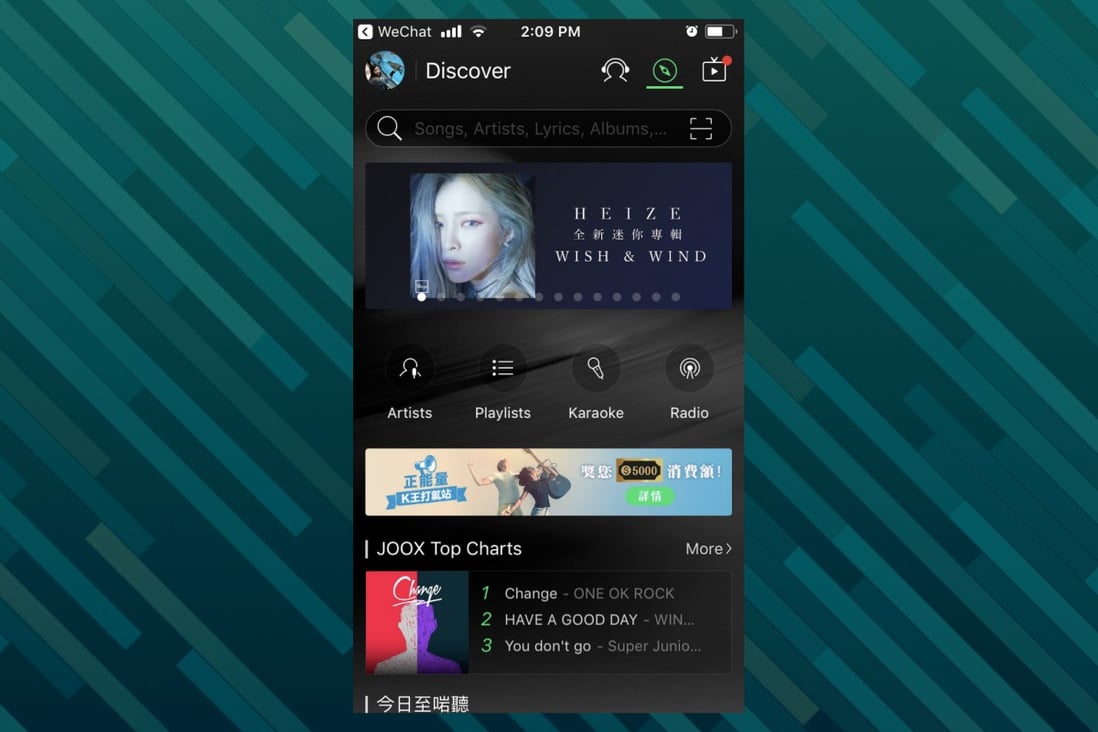 Tencent’s Joox music streaming service is available in Hong Kong, Thailand, Malaysia and Indonesia. 