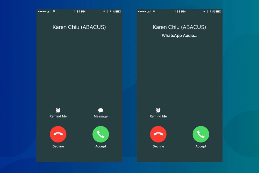 Regular call screen on the iPhone (left) and an incoming WhatsApp call with CallKit enabled (right)
