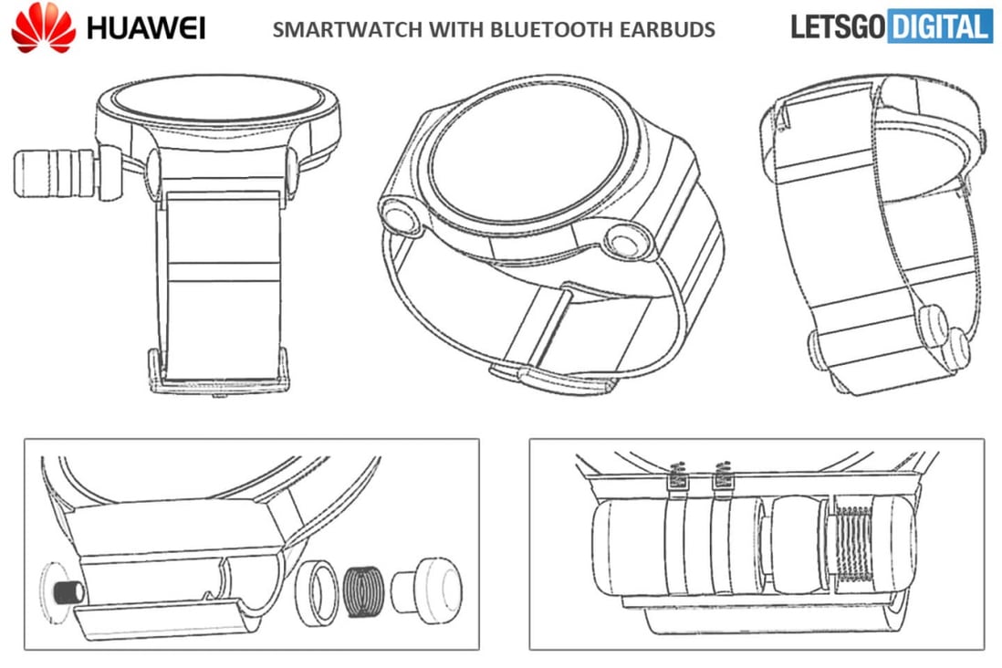 Huawei’s patent shows a number of different options for storing the water-resistant buds. (Picture: LetsGoDigital)