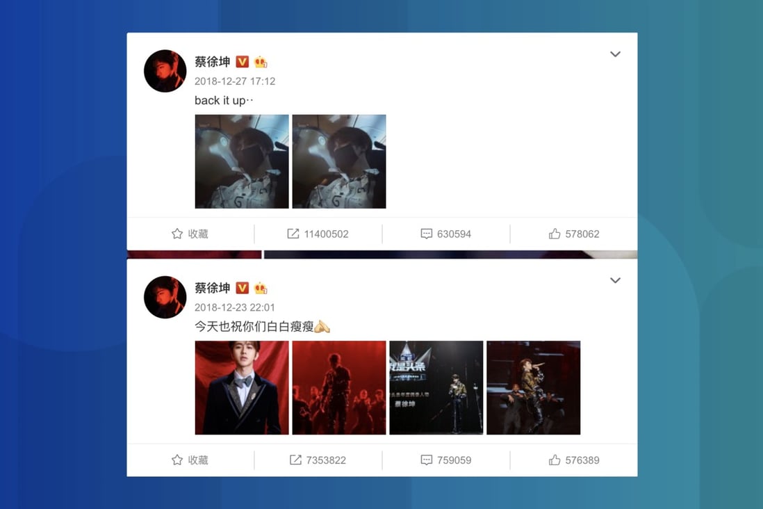Most of pop star Cai Xukun’s Weibo posts have shares in the tens of millions. (Picture: Weibo)