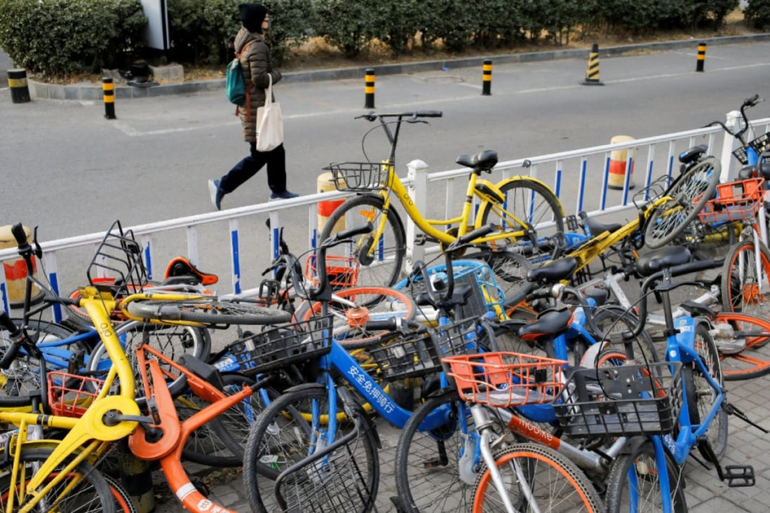 Shared bikes from various operators piled up haphazardly in Beijing in January, 2019. (Picture: Thomas Peter/Reuters)