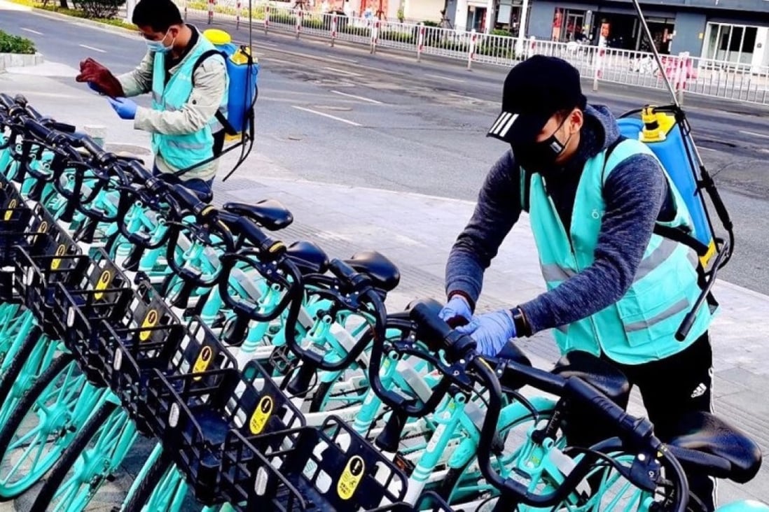 Hellobike, Qingju Bike and Meituan launched a campaign for their staff to disinfect all shared bikes on the streets daily, no matter the brand. (Picture: Didi)