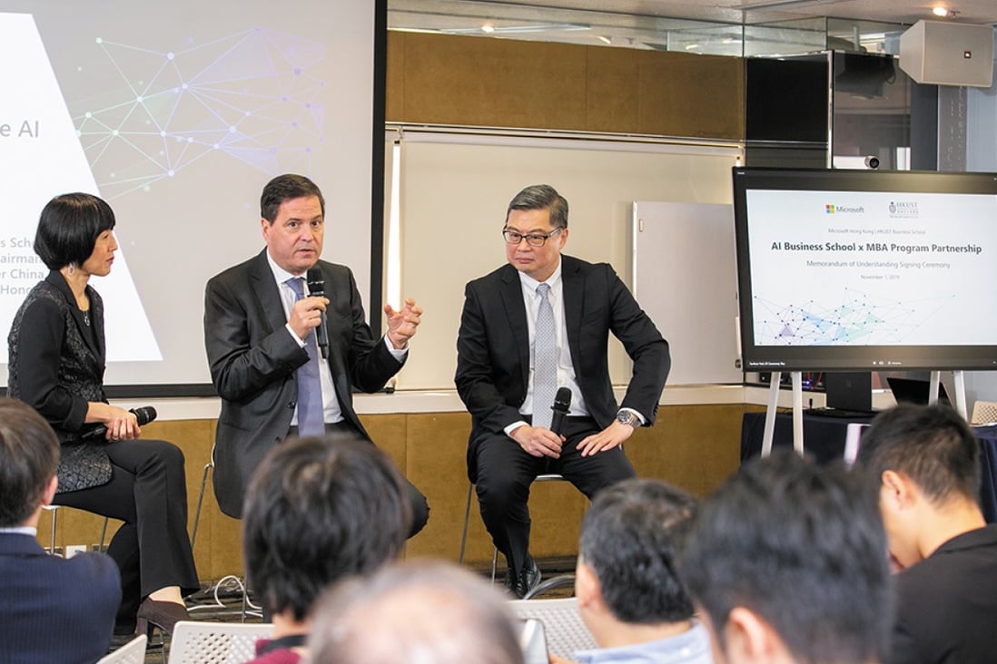An AI Panel (from left) Cally CHAN, General Manager, Microsoft HK and Macau; Alain CROZIER, Corporate VP, Chairman and CEO of Microsoft Greater China Region; and Professor TAM Kar Yan, Dean of HKUST Business School
