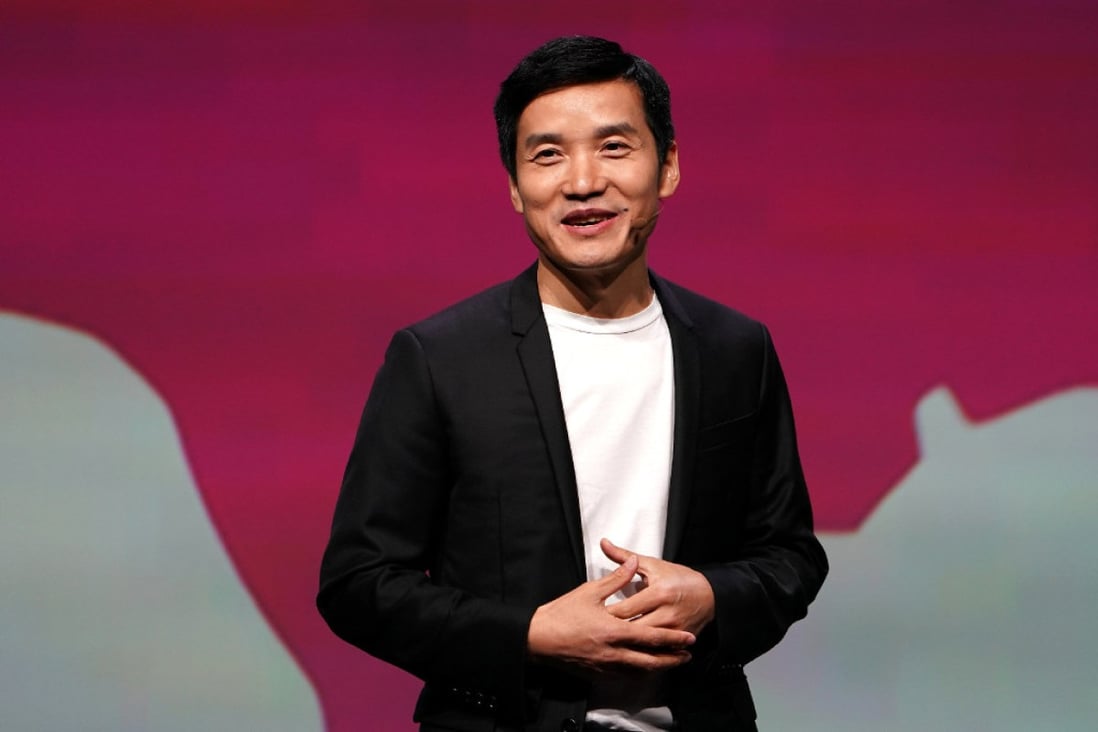 OnePlus CEO Pete Lau announcing the OnePlus 6T in New York in 2018. (Picture: Reuters)