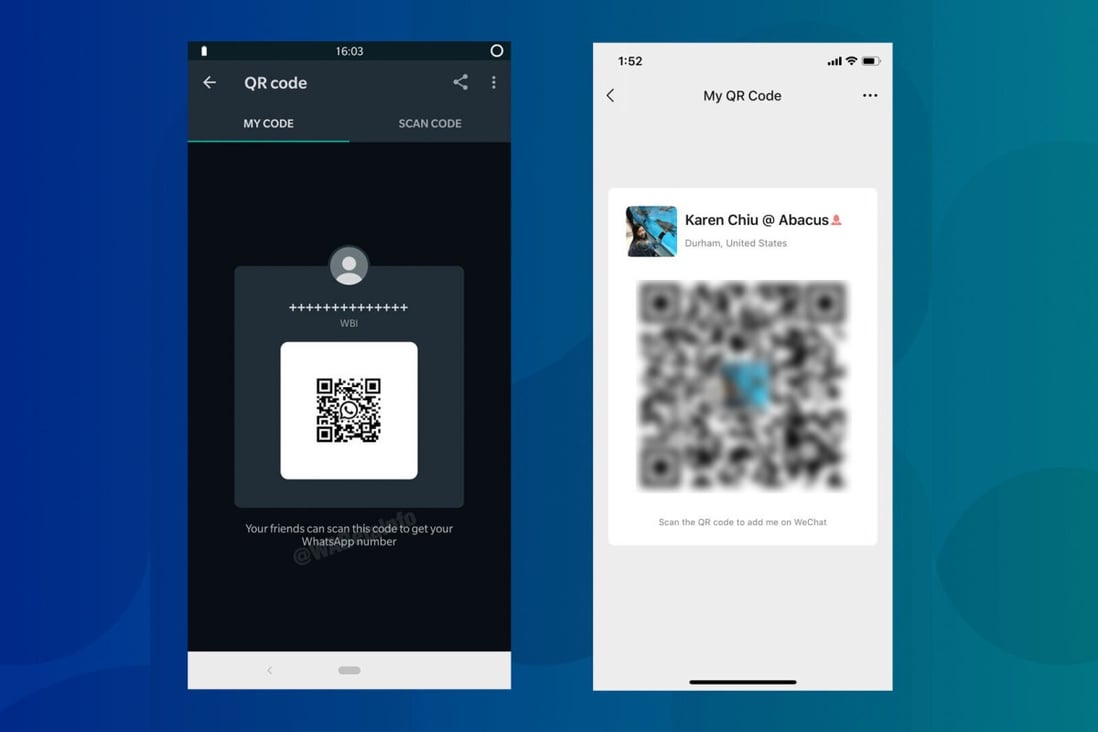 The personal QR code feature being tested in WhatsApp (left) and the similar function already found in WeChat (right). (Picture: WABetaInfo/Abacus)