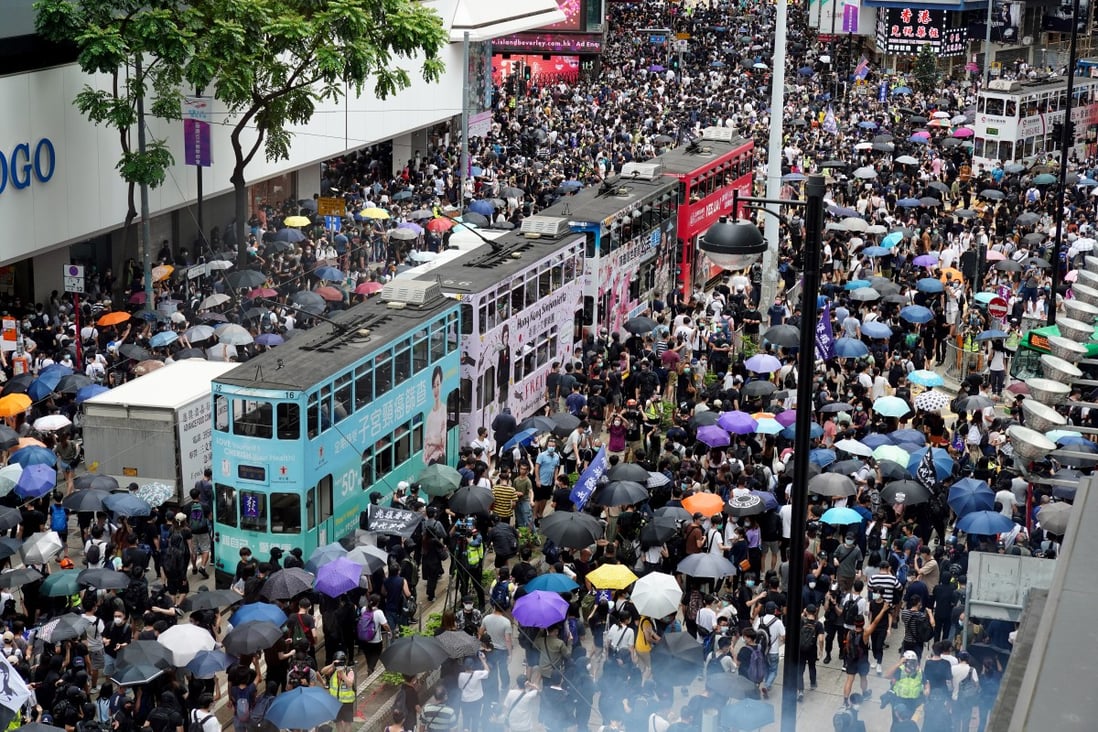 Protesters gather for a march in downtown Hong Kong to protest against the proposed enactment of a national security law on May 24, 2020. (Picture: Robert Ng/SCMP)