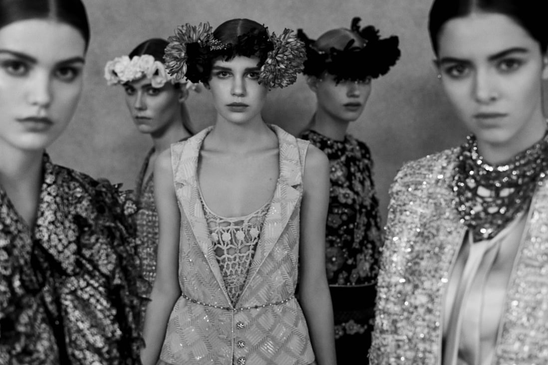 Models wear headbands from the Chanel haute couture spring/summer 2021 collection. Photo: Anton Corbijn/Chanel