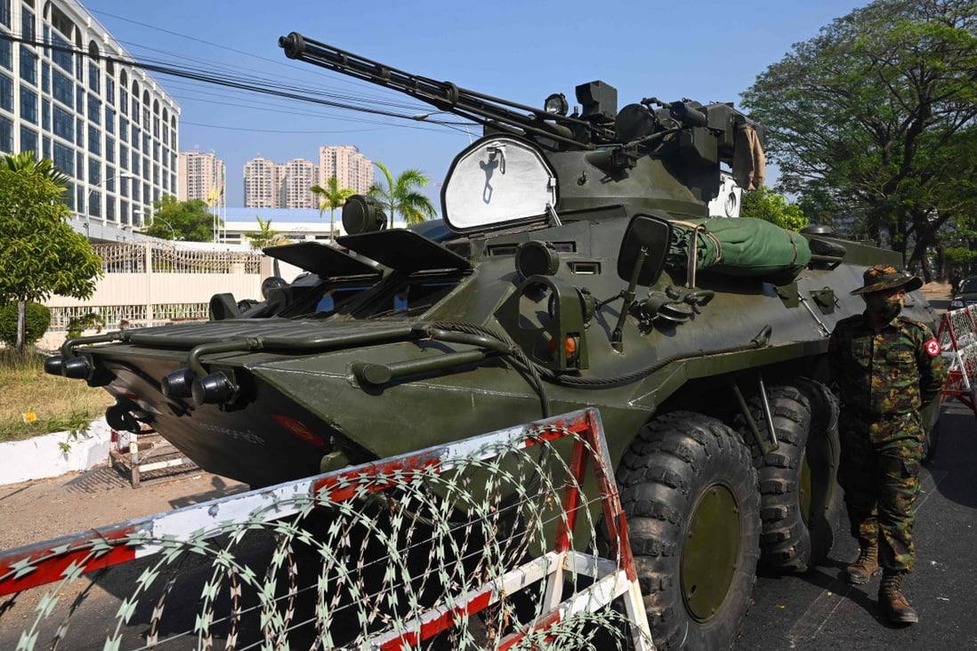 An armoured vehicle patrols Yangon during a protest against 
the military coup in Myanmar on February 15. Photo: AFP