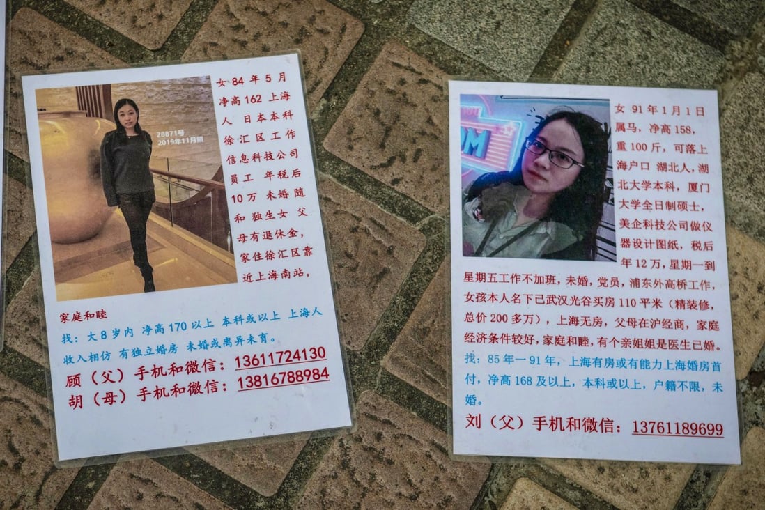 Profiles of women with their pictures on the floor at the Shanghai Marriage Market in the People’s Park in Shanghai, China, on August 8, 2020. Photo: EPA-EFE