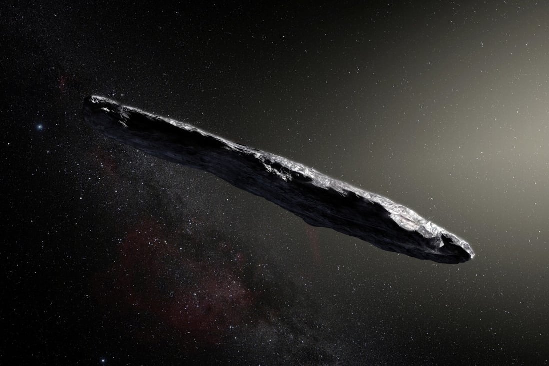 This artist’s impression shows the first-known interstellar object to visit the solar system, ‘Oumuamua. Photo:  European Southern Obervatory/M. Kornmesser/ Reuters
