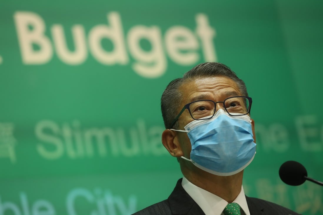 Financial Secretary Paul Chan Mo-po at a press conference on February 24 after delivering the budget, which includes HK$5,000 in consumption coupons for every Hongkonger. Photo: Sam Tsang