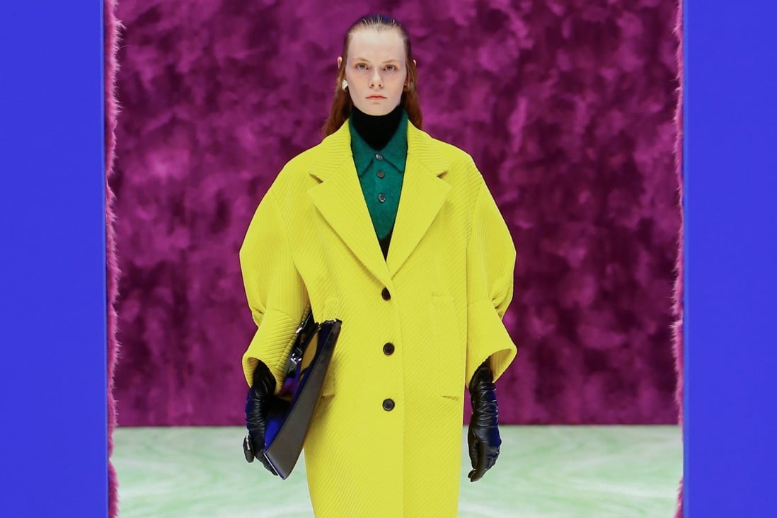 Prada’s autumn/winter 2021 collection offers a brighter take on cold weather classics, including tight jacquard-knit bodysuits, black jumpsuits, zip purses and pinstripe jackets. Photo: Handout via Reuters