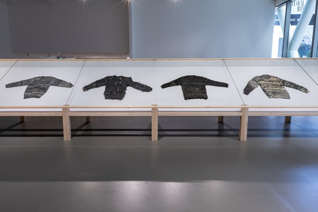 Grassland and Urban sweaters made with human waste and fur shed by animals and turned into yarn, on display in the exhibition  “Dai Fujiwara: The Road of my Cyber Physical Hands”, at the Hong Kong Design Institute.