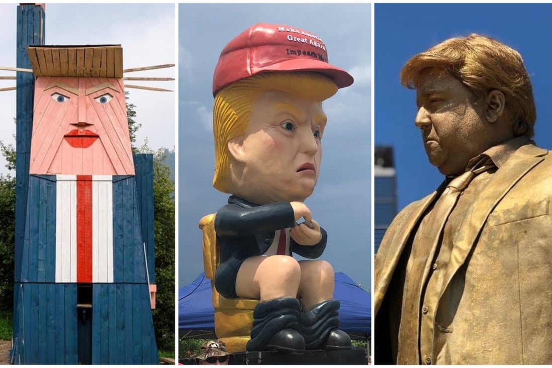 Former president Trump has inspired many statues over the years, including ones of him naked or sitting on a gold toilet. Photos: @globalissueswe; @sarahbishi/Twitter, @trumpstatueinitiative/Instagram