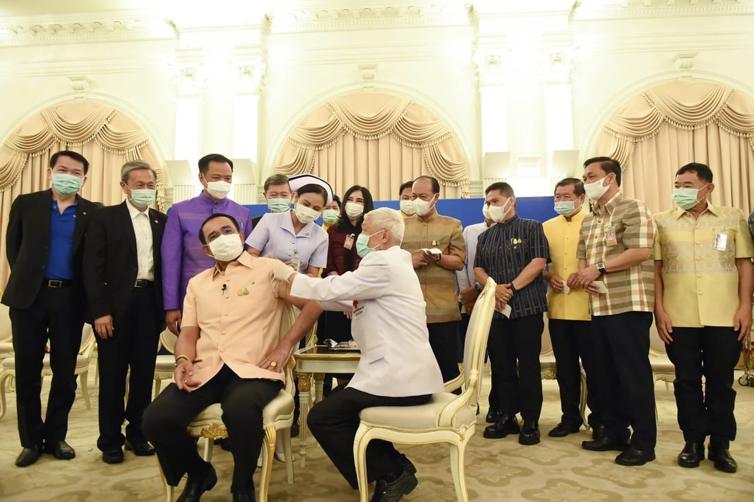 Thai Prime Minister Prayuth Chan-ocha receives his AstraZeneca vaccine at government house in Bangkok, on March 16, after a delay due to blood clot fears. Photo: Government Spokesman Office via AP
