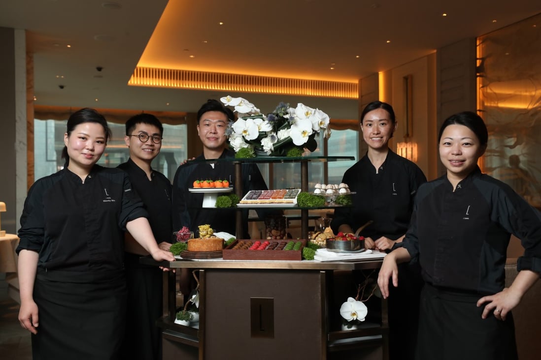 From left, pastry chef Mandy Siu Yuen-sang and her team, Alex Chan, Edmond Kwok, Hannah Yeung and Naomi Cheung, at L’Envol, The St. Regis Hong Kong. Photo: Chen Xiaomei
