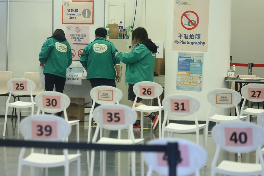 A Community Vaccination Centre at the Hong Kong Central Library in Causeway Bay on March 8. The   vaccination rate remains low, with herd immunity feared to be as long as 300 days away. Photo: Dickson Lee  