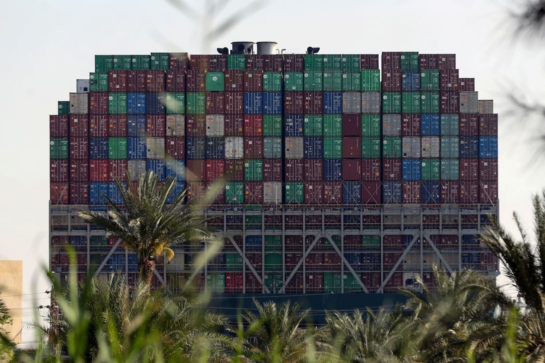 Ever Given, one of the world’s largest container ships, after running aground, in the Suez Canal. Photo: Reuters