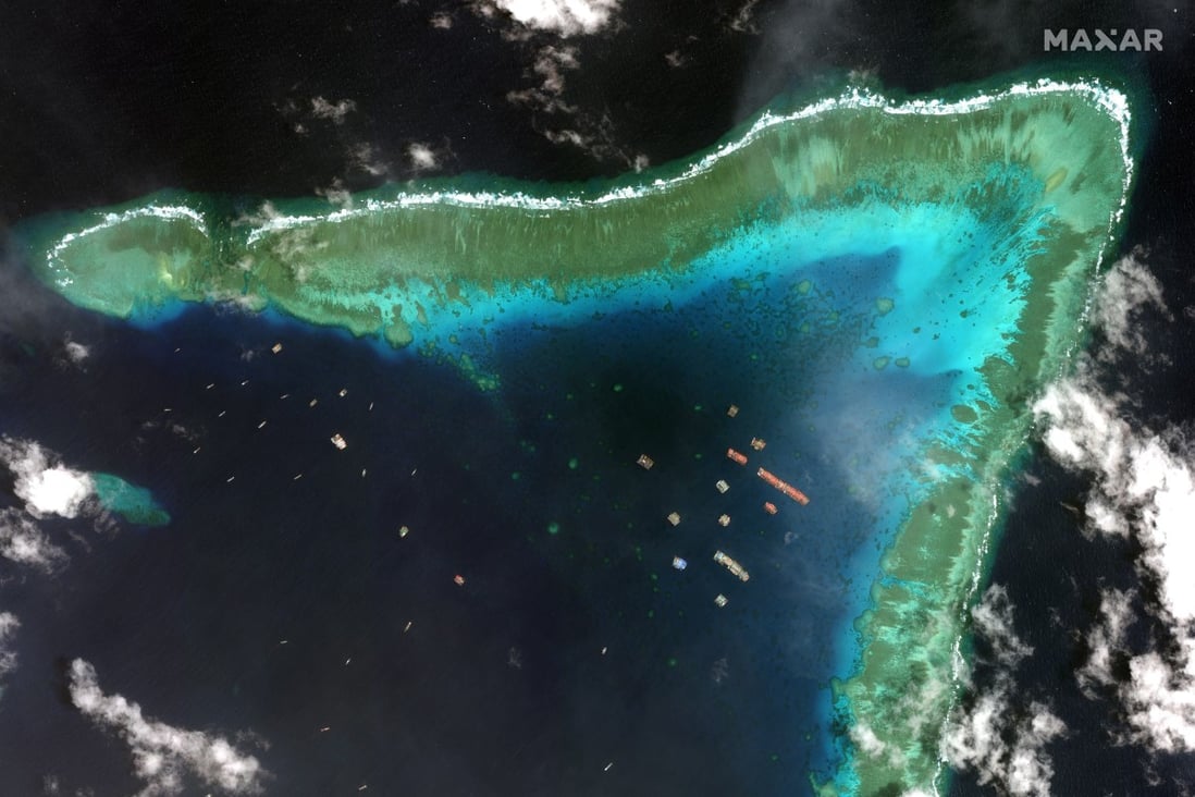 Satellite imagery showing Chinese vessels anchored in lines at Whitsun Reef. Photo: EPA-EFE