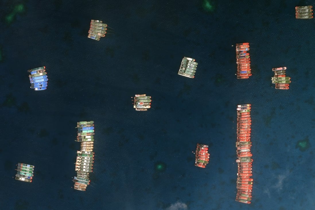 Satellite images showing the flotilla of Chinese ships near Whitsun Reef. Photo: Maxar Technologies via AP