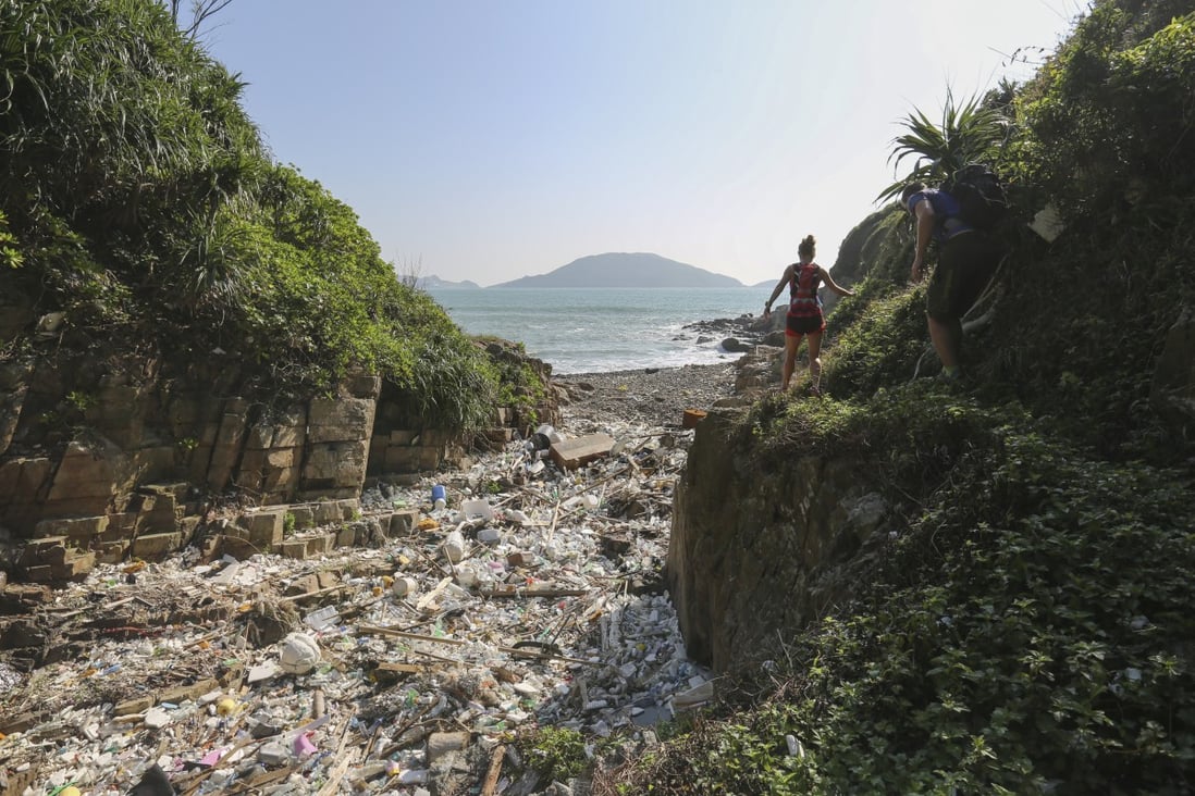 Trash is piled up at a beach in the far corner of Big Wave Bay, in Shek O on October 18, 2017. Photo: Xiaomei CHEN