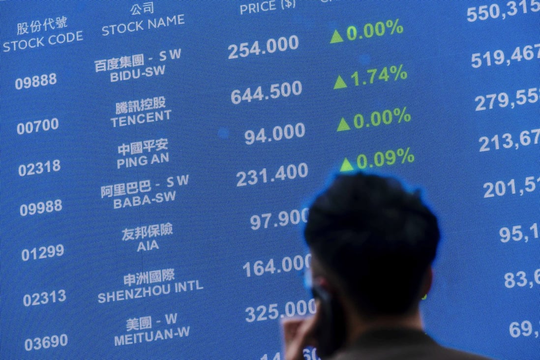 An electronic board showing Hong Kong-listed share prices near the Exchange Square in Central on March 23. Photo: Bloomberg