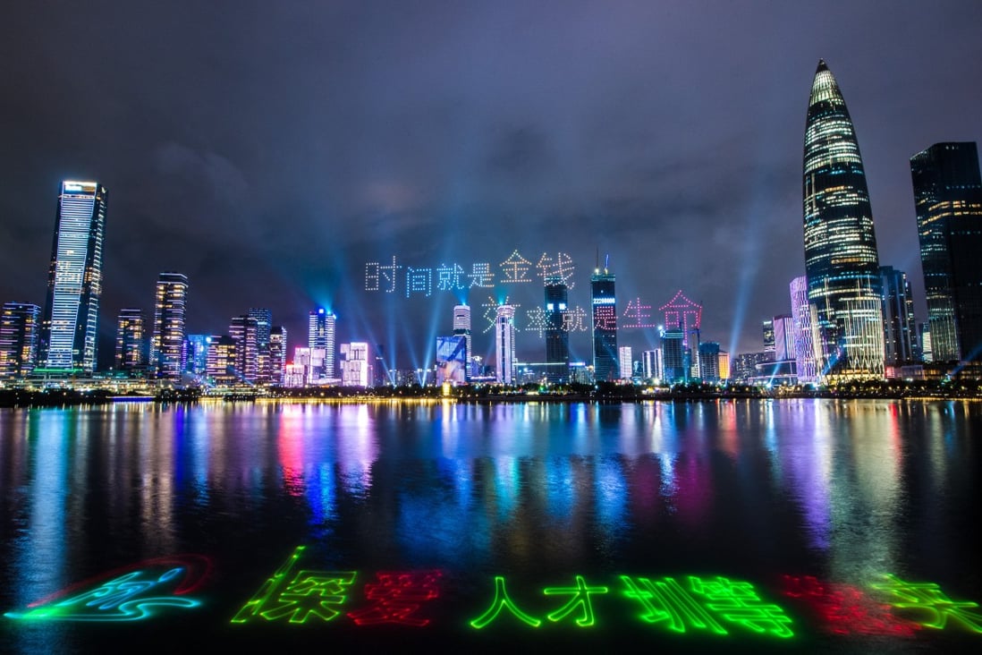 A group of 826 drones hover above the Shenzhen skyline for a light show that started at 8:26pm on August 26, 2020, to mark the 40th anniversary of the establishment of the Shenzhen Special Economic Zone. Photo: Xinhua