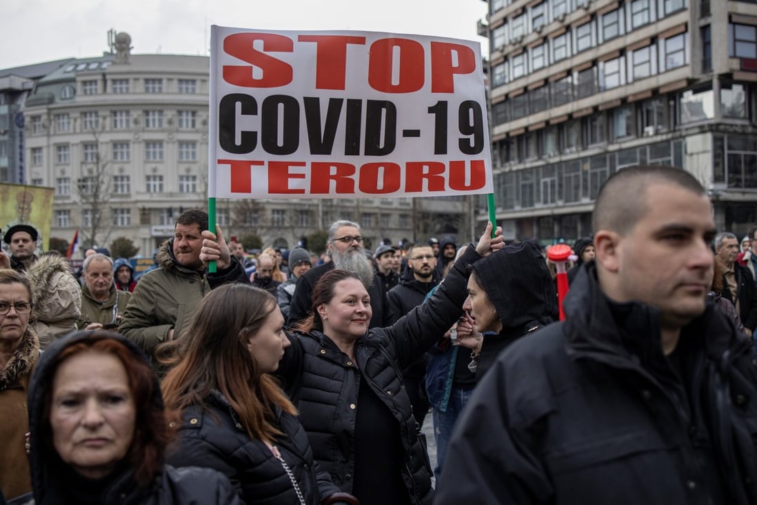 People protest against Covid-19 vaccinations and restrictions in Belgrade on April 3, 2021. Photo: Reuters