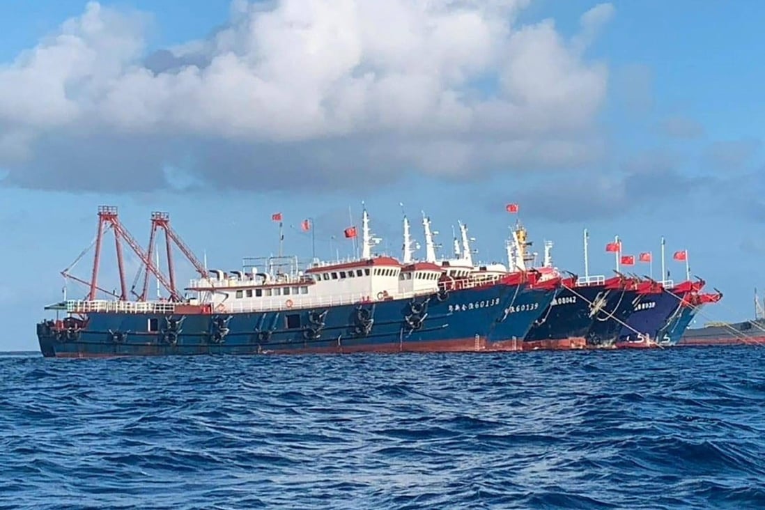 Chinese vessels anchored at Whitsun Reef. Photo: National Task Force-West Philippine Sea / AFP