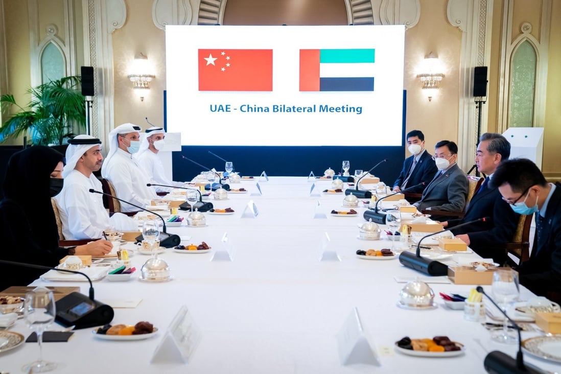 Chinese Foreign Minister Wang Yi (second from right) meets his counterpart from the United Arab Emirates, Abdullah bin Zayed Al-Nahyan, last week. Photo: Reuters