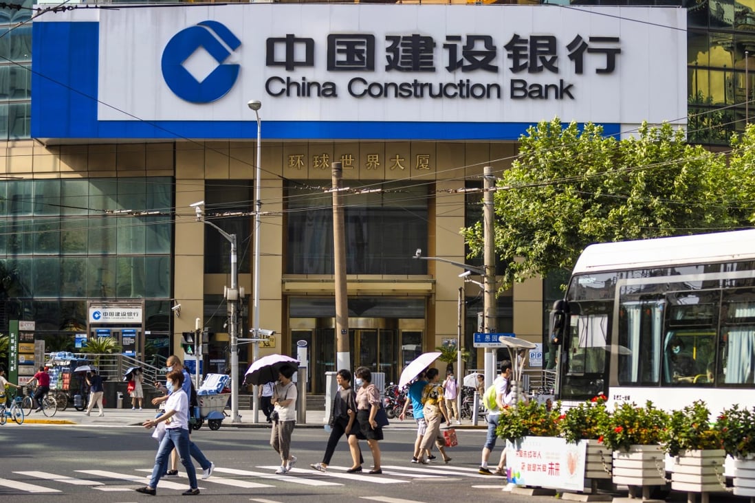 People walk in front of a China Construction Bank branch in Shanghai. China Construction Bank “closed and consolidated” 237 physical branches last year. Photo: EPA-EFE
