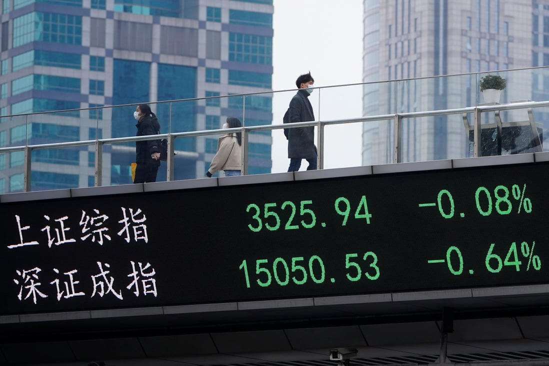 Pedestrians on an overpass with an electronic board showing Shanghai and Shenzhen stock indexes at the Lujiazui financial district in Shanghai on January 6, 2021. Photo: Reuters