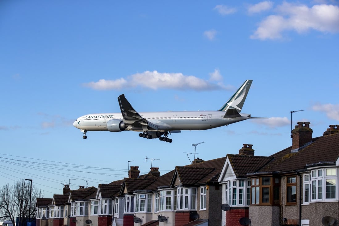 A Cathay Pacific Boeing 777 plane lands at Heathrow Airport in London. Photo: Getty Images