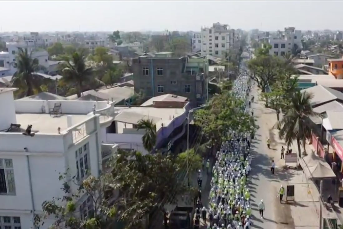 A still from drone footage of protesters in Mandalay on March 5 posted by rights group Burma Campaign UK. Photo: Facebook