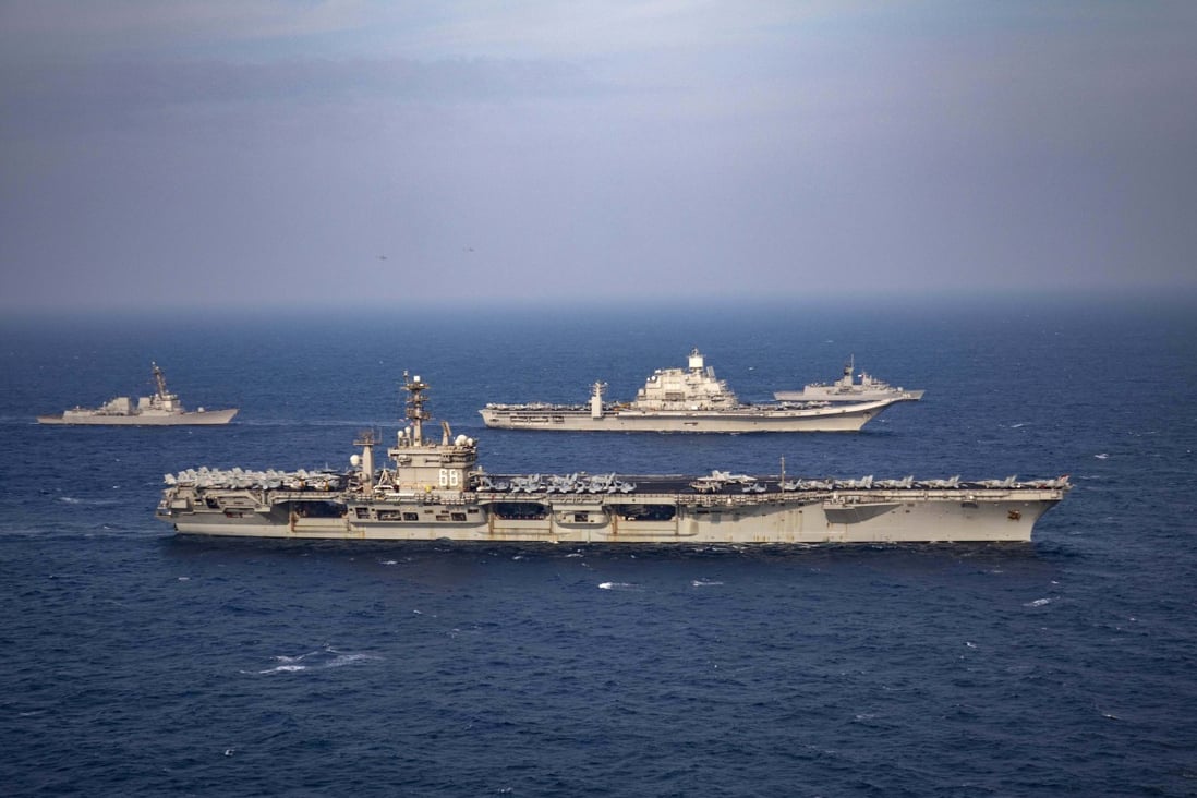 Aircraft carriers and warships from India, the US, Japan and Australia participate in the second phase of the Malabar naval exercise in November 2020. Photo: AP