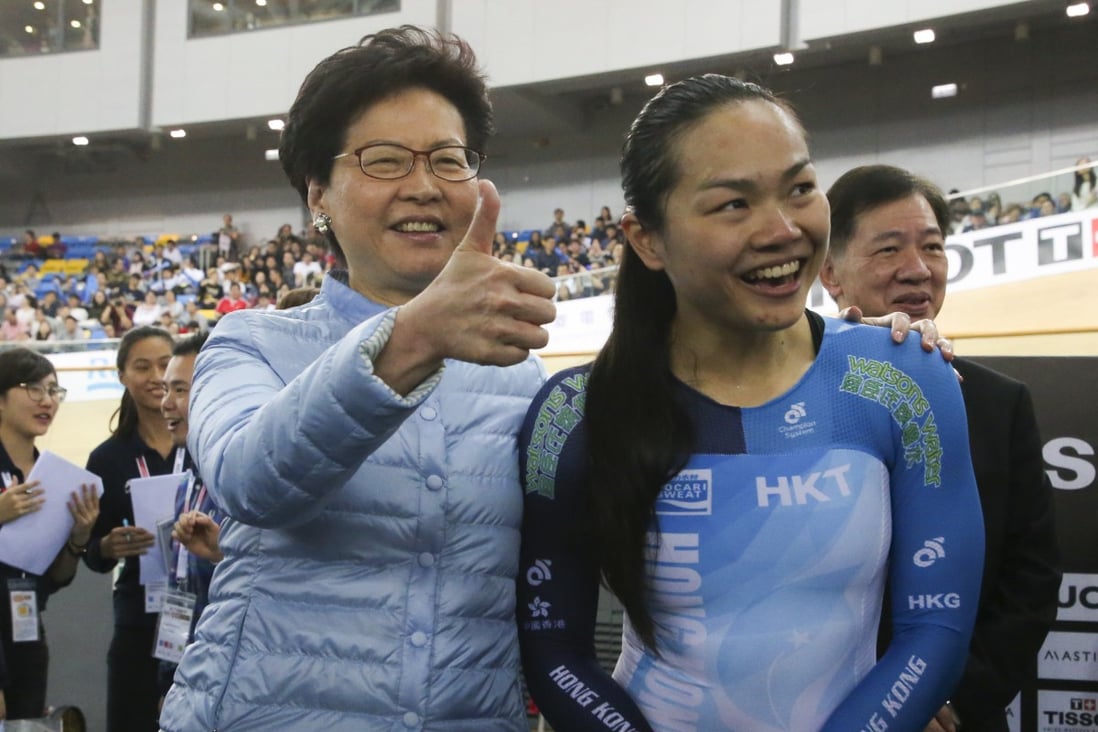 Chief Executive Carrie Lam celebrates Sarah Lee’s win against South Korea’s Lee Hye-jin in the sprint final at the 2019 track cycling World Cup at Hong Kong Velodrome in Tseung Kwan O. Photo: Felix Wong