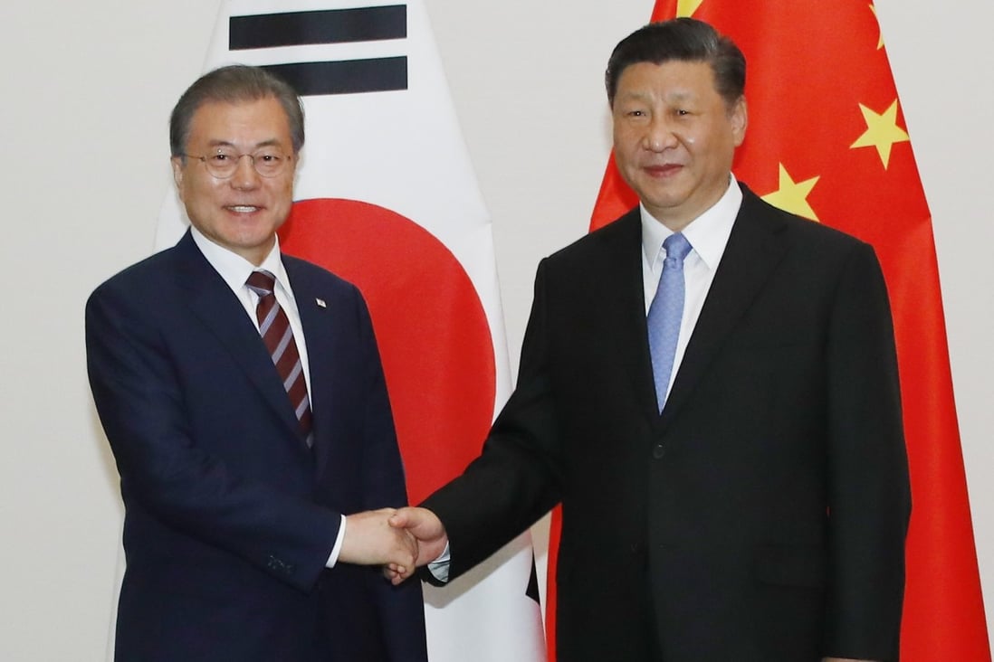 President Moon Jae-in (left) pictured with China’s President Xi Jinping prior to talks in Osaka on June 27, 2019. Photo: EPA-EFE